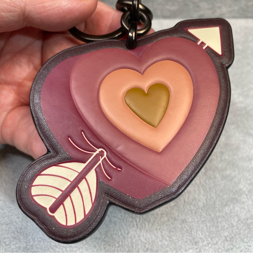 Coach Heart Arrow Leather Keychain Charm in Pink, Burgundy & Olive - Picture 8 of 10